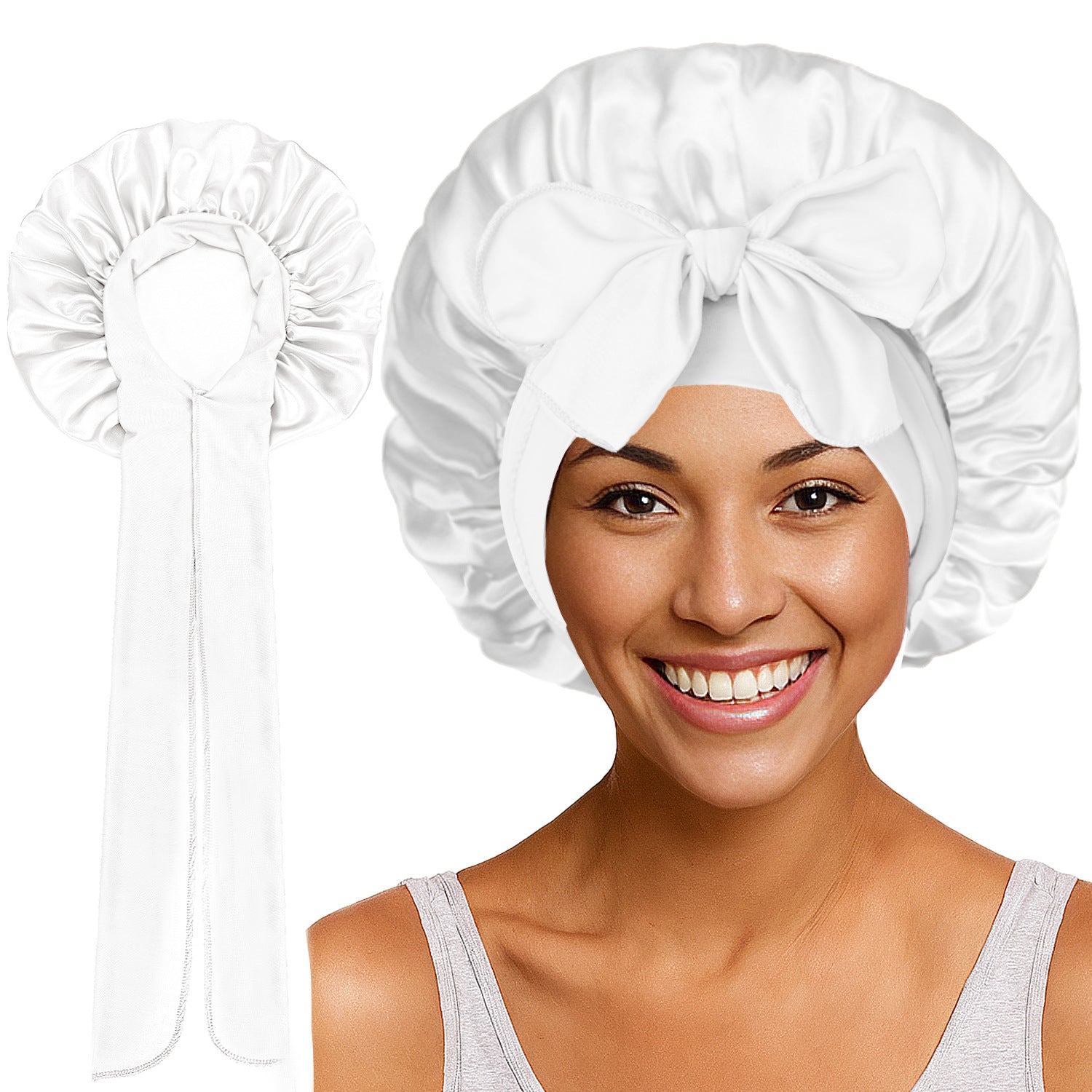 Long Tail Streamer Satin Bonnet - Night Cap